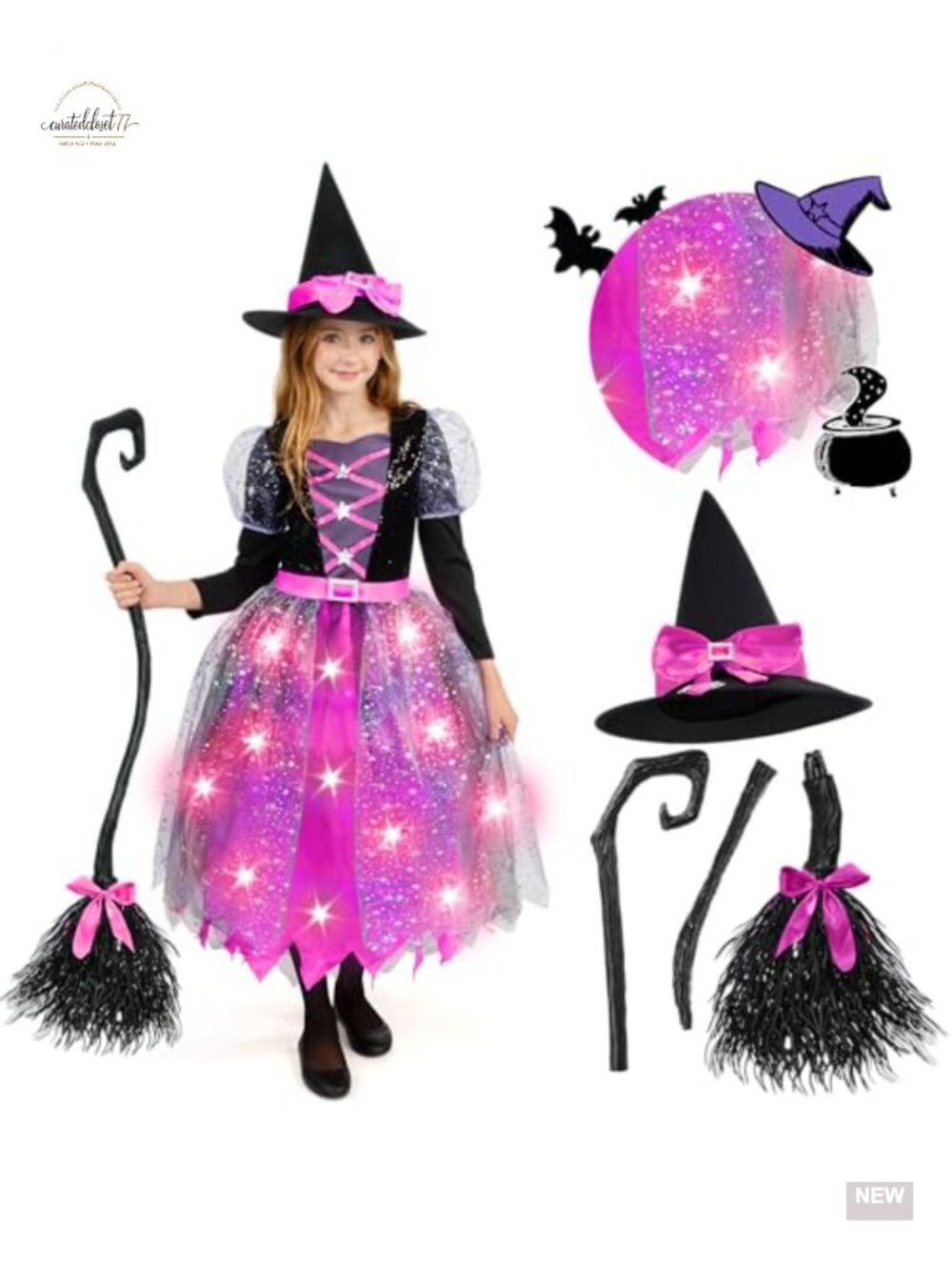 Girls Light Up Witch Costume Dress Hat Broom Halloween Pretend Play